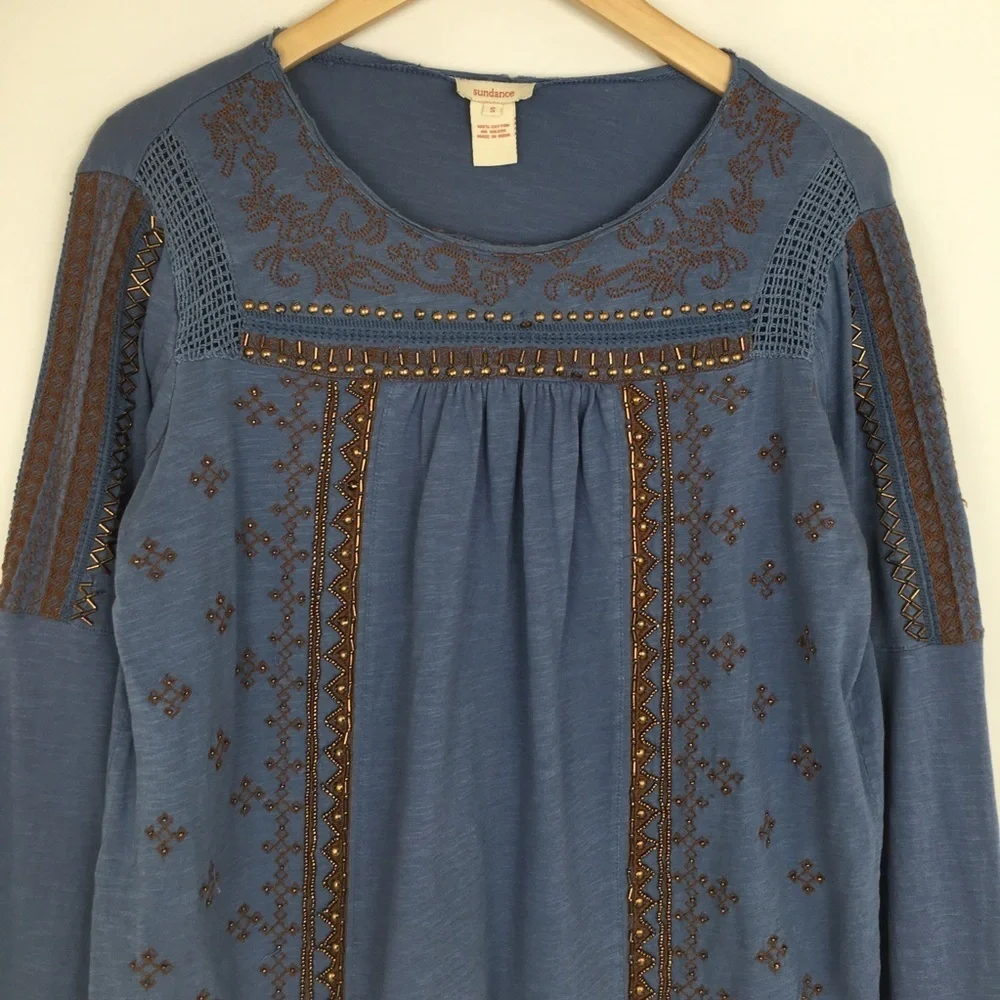 Sundance Boho Top Beaded Embroidered Blue Copper Long Sleeve Women’s Size Small